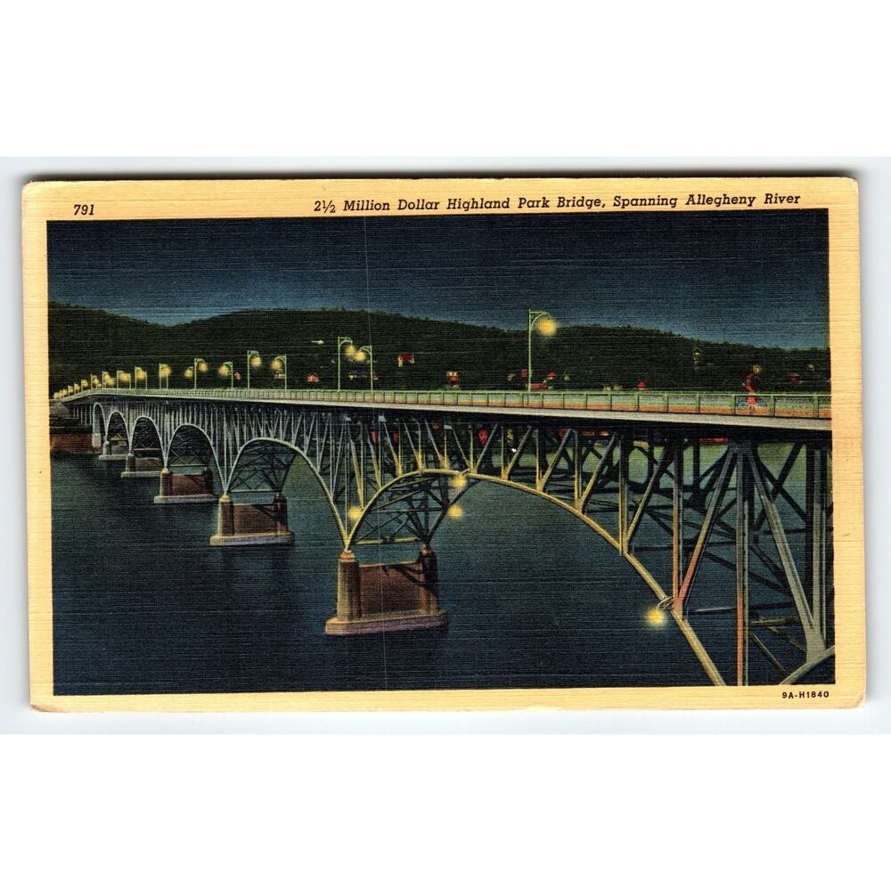 Vintage Linen Postcard Highland Park Bridge Pittsburgh PA Night View